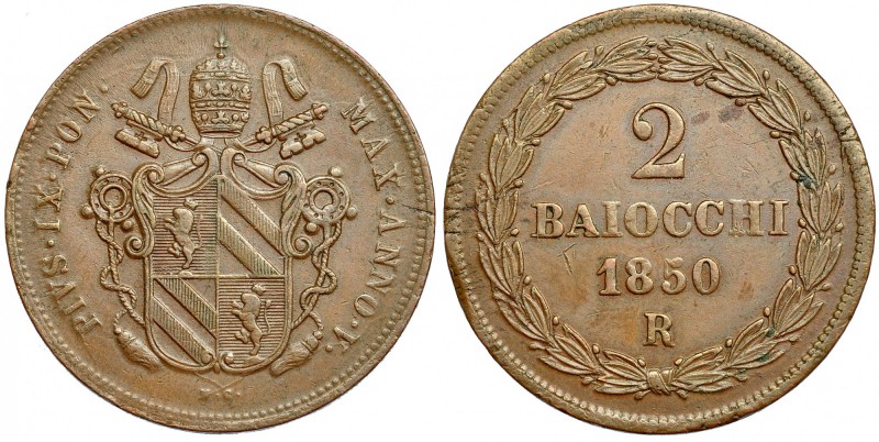 VATICANO. Pío IX. 2 baioucchi. 1850-R. Año V. PAGANI-490/6. Rayitas y pequeñas m...