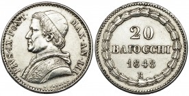 VATICANO. Pío IX. 20 baiocchi. 1848. C-173. Abrillantada. MBC+.