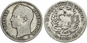 VENEZUELA. 5 bolívares. 1876. A. Y-16. BC+. Escasa.