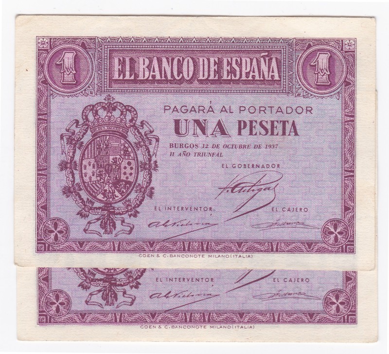 Peseta. 11-1937. Dúo correlativo. Serie E. ED-D26a. Esquinas ligeramente dañadas...