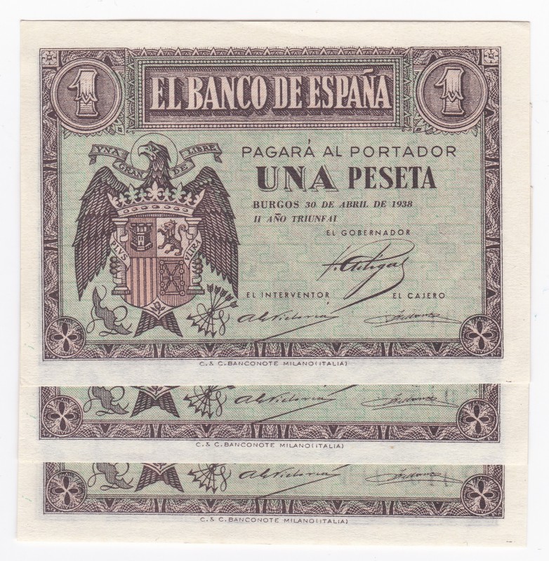 Peseta. 4-1938. Trío correlativo. Serie D. ED-D29a. SC.