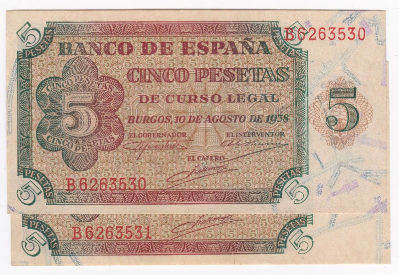 5 pesetas. 8-1938. Pareja correlativa. Serie B. ED-D36a. EBC+.