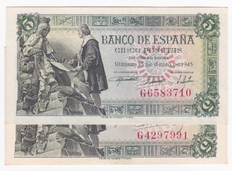 2 billetes de 5 pesetas. 6-1945. Serie G. ED-D50a. SC.