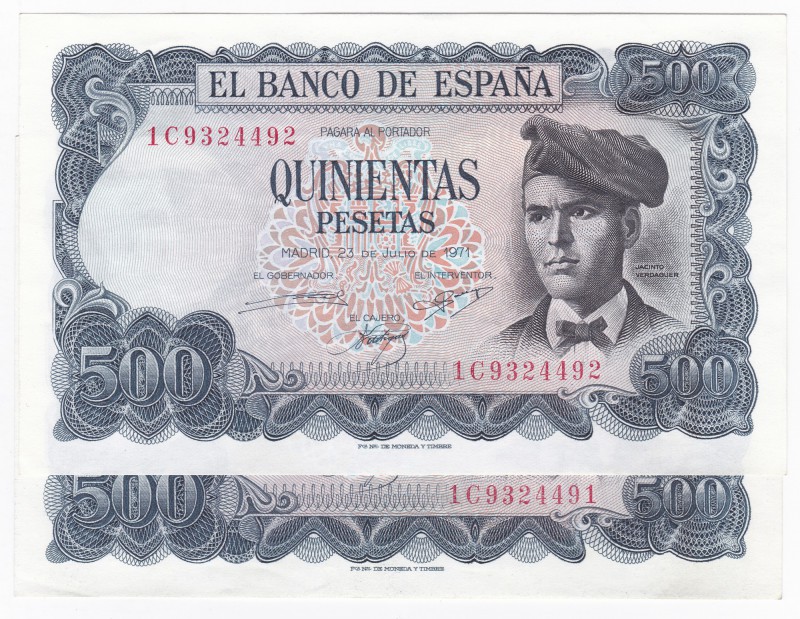 500 pesetas. 7-1971. Pareja correlativa. Serie 1C. ED-D74a. Esquina doblada. CS.