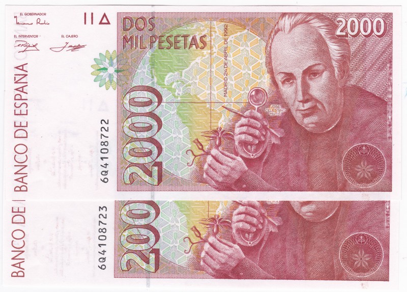 2000 pesetas. 4-1992. Pareja correlativa. Serie 6Q. ED-E8a. SC.