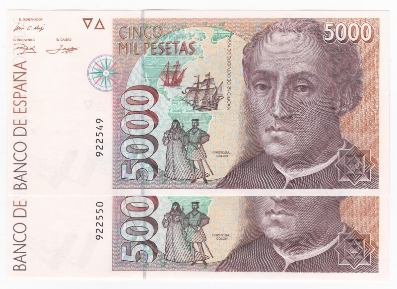 5000 pesetas. 10-1992. Pareja correlativa. Sin serie. ED-E10. SC.