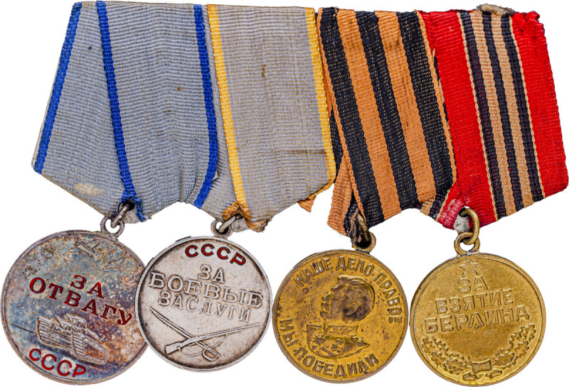 Russia, USSR. Mounted group of 4 comprising Medal for Valour - WWII, 2nd Type; M...