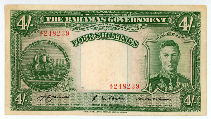 Bahamas
Government of Bahamas
4/- Shillings, 1936
S/N A/3 248239
Signature of J....