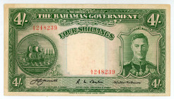 Bahamas
Government of Bahamas
4/- Shillings, 1936
S/N A/3 248239
Signature of J. H. Jarrett as Colonial Secretary Commissioner of Currency
Printer: TD...