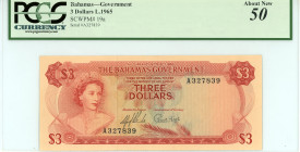 Bahamas
Government of the Bahamas
3 Dollars, L. 1965
S/N A327839 
Signatures of Sands and Higgs
Printer: TDLR
Watermark: Shellfish 
Pick 19a

Graded A...