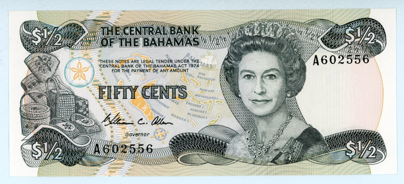 Bahamas
Central Bank of the Bahamas
50 Cents, 1974 (ND 1984)
S/N A602526
Signatu...