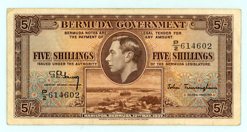Bermuda
British Administration
5/- Shillings, 1937
S/N P/2 614602
Printer: BWC
P...
