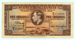 Bermuda
British Administration
5/- Shillings, 1937
S/N P/2 614602
Printer: BWC
Pick 8b

Very fine.

From the “Yankee” Collection of banknotes.