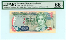 Bermuda
Monetary Authority 
20 Dollars, 24 May 2000
S/N D/1 001523
S/N Prefix D/1
Watermark: Tuna Fish
Pick 53a

Graded Gem Uncirculated 66 EPQ PMG.