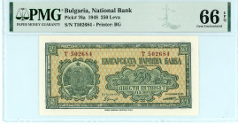 Bulgaria
National Bank
250 Leva, 1948
S/N T 502684
Printer: BG
Pick 76a

Graded Gem Uncirculated 66 EPQ PMG.