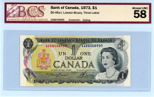 Canada
Bank of Canada
1 Dollar, 1973
S/N AAB8448989
Signatures of Lawson and Bouey
Printer: BABN
BC 46a

Graded Almost Uncirculated 58, Soiling BCS.

...