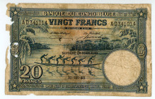 Congo
Banque du Congo Belge
20 Francs, 1948
S/N AD341014
Overprint "Septieme Emission 1948"
Printer: TDLR
Pick 15F

About good, missing parts on left ...
