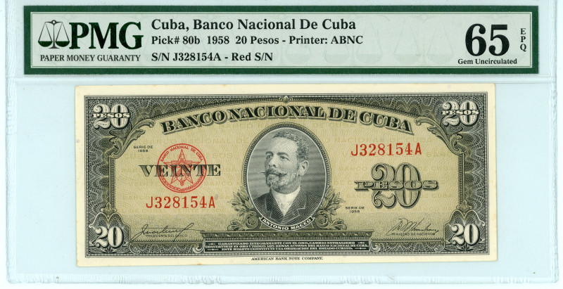 Cuba
Banco Nacional 
20 Pesos, 1958
S/N J328154A
Red serial number
Printer: ABNC...