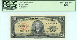 Cuba
Banco Nacional 
20 Pesos, 1960
S/N N 718220 A
Black serial number
Printer: ABNC
Pick 80c

Graded Very Choice New 64 PCGS Currency.