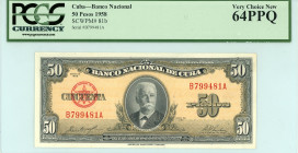 Cuba
Banco Nacional 
50 Pesos, 1958
S/N B799481A
Printer: ABNC
Pick 81b

Graded Very Choice New 64 PPQ PCGS Currency.