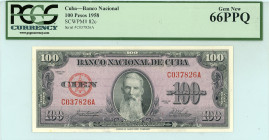 Cuba
Banco Nacional 
100 Pesos, 1958
S/N C037826A
Pick 82c

Graded Gem New 66 PPQ PCGS Currency.