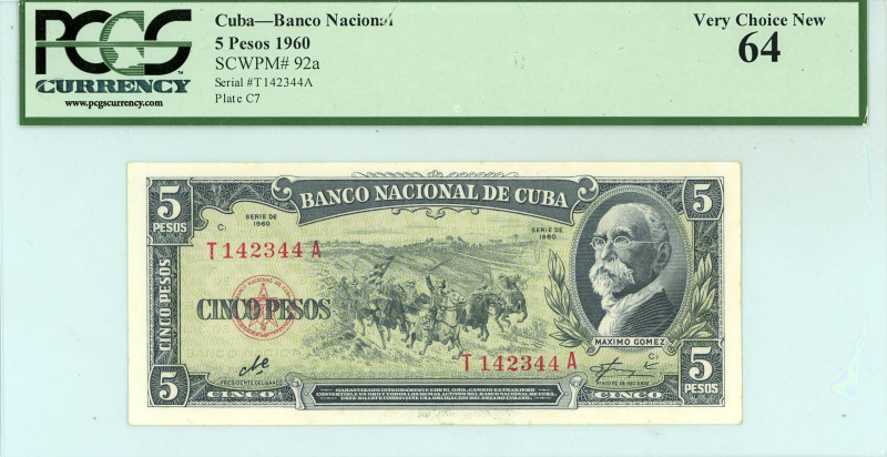 Cuba
Banco Nacional 
5 Pesos, 1960
S/N T142344A, Plate #C7
Pick 92a

Graded Very...