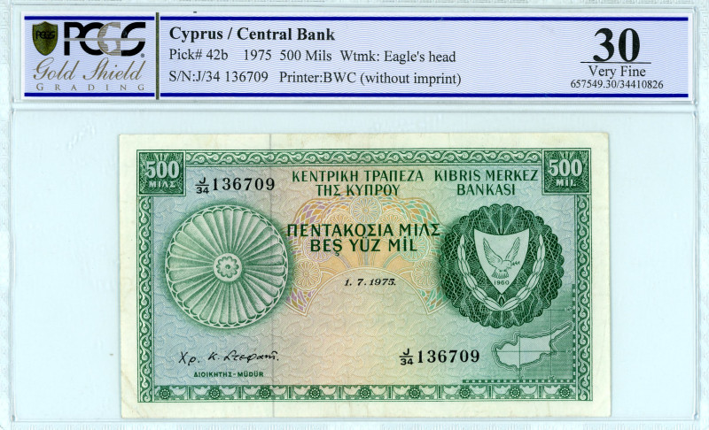 Cyprus
Centran Bank
500 Mils, 1.7.1975
S/N J/34 136709
Printer: BWC (without imp...