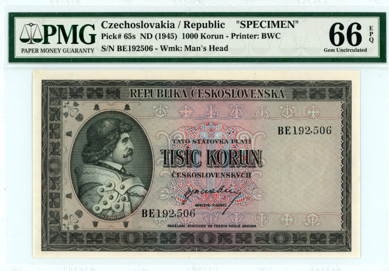Czechoslovakia
Republic
Specimen 1.000 Korun, ND (1945)
S/N BE192,506
Printer: B...