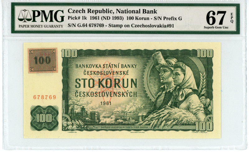 Czech Republic 
National Bank
100 Korun, 1961 (ND 1993)
Stamp on Czechoslovakia ...