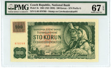 Czech Republic 
National Bank
100 Korun, 1961 (ND 1993)
Stamp on Czechoslovakia #91
S/N G.64 678769 
Prefix G
Pick 1k

Graded Superb Gem Unc 67 EPQ PM...