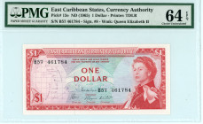 East Caribbean States
Currency Authority
Dollar, ND (1965)
S/N B57 461784 
Signature #8
Printer: TDLR
Watermark: Queen Elizabeth II
Pick 13e

Graded C...