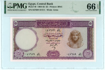Egypt
Central Bank 
5 Pounds, 1964 (1964-1965)
S/N 047689 D/311
Printer: BWC
Watermark: Arms
Pick 40

Graded Gem Uncirculated 66 EPQ PMG.