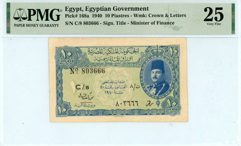 Egypt
Egyptian Government 
10 Piastres, 1940
S/N C/8 803666
Signature Title - Mi...