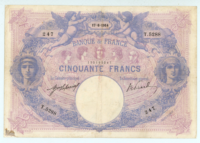 France
Banque de France
50 Francs, 17th June 1914
S/N T.5288 247
Signatures of L...