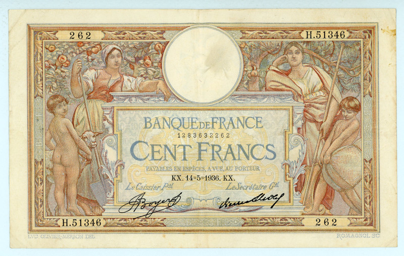 France
Banque de France
100 Francs, 14th May 1936
S/N H.51346 232
Signatures of ...