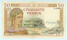 France
Banque de France
50 Francs, 10th August 1938
S/N S.10690 325
Signatures of Favre-Gilly and Rousseau 
Watermark: Woman's Head
Pick 85b

About ve...