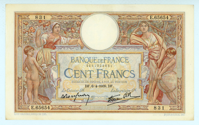 France
Banque de France
100 Francs, 6th April 1939
S/N E.65654 831
Signatures of...