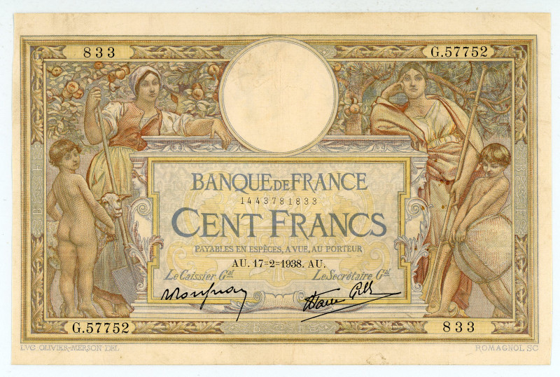 France
Banque de France
100 Francs, 17th February 1938
S/N G.57752 833
Signature...