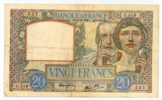 France
Banque de France
20 Francs, 6th June 1940
S/N G.519 537
Signatures of Favre-Gilly and Rousseau 
Watermark: Woman's Head
Pick 92a

Fine.

From t...