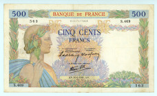 France
Banque de France
500 Francs, 20th June 1940
S/N S.469 563
Signatures of Bletterie, Favre-Gilly and Rousseau 
Watermark: Woman's Head
Pick 95a

...