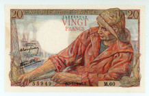 France
Banque de France
20 Francs, 5th November 1942
S/N 55949 M.60
Signatures of Favre-Gilly and Rousseau 
Watermark: Woman's Head.
Pick 100a

Uncirc...
