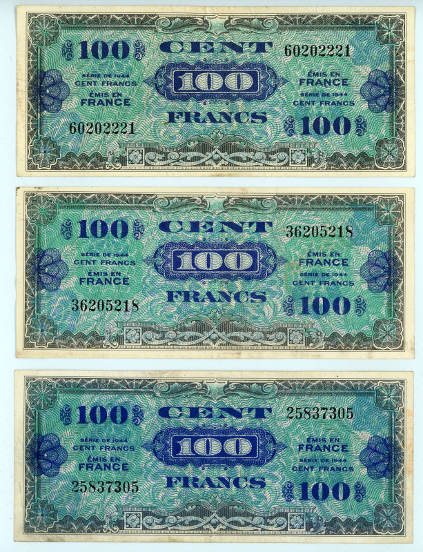 France
Lot of 3 banknotes comprising 100 Francs (3), 1944
S/N 25837305, 36205218...