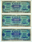 France
Lot of 3 banknotes comprising 100 Francs (3), 1944
S/N 25837305, 36205218 and 60202221
Pick 118

Fine to very fine (3).

From the “Yankee” Coll...