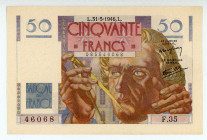France
Banque de France
50 Francs, 31st May 1946
S/N 46068 F.35
Signatures of Favre-Gilly and Rousseau 
Watermark: Neptune
Pick 127a

Uncirculated.

F...