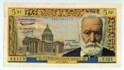 France
Banque de France
5 New Francs, 6th May 1964
S/N 94119 T121
Pick 141a

Extremely fine.

From the “Yankee” Collection of banknotes.
