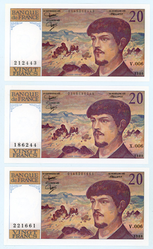 France
Lot of 3 banknotes comprising 20 Francs (3), 1980
S/N 212443 V.006, 22166...