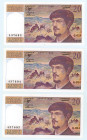 France
Lot of 3 banknotes comprising 20 Francs (3), 1989
S/N 437693-695 Q.024 (consecutive numbers)
Watermark: Debussy
Pick 151b

About uncirculated t...