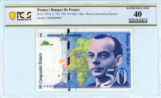 France
Banque de France
50 Francs, 1999
S/N P049069850
Signatures of Bruneel, Bonnardin and Barroux
Pick 157Ad

Graded Extremely Fine 40 PCGS BANKNOTE...