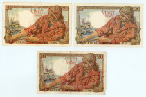 France
Lot of 5 banknotes comprising 20 Francs (3), 1942-1943 and 50 Francs (2), 1941
S/N 41015 P.17, 05355 Z.40, 87598 P.100, T.81 94818 and V.100 34...