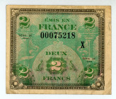 France
Allied Military Currency WWII
2 Francs, 1944
S/N 00075218
Replacement/Star, with X near S/N
Pick 114*; SB 142r

Very fine.

From the “Yankee” C...